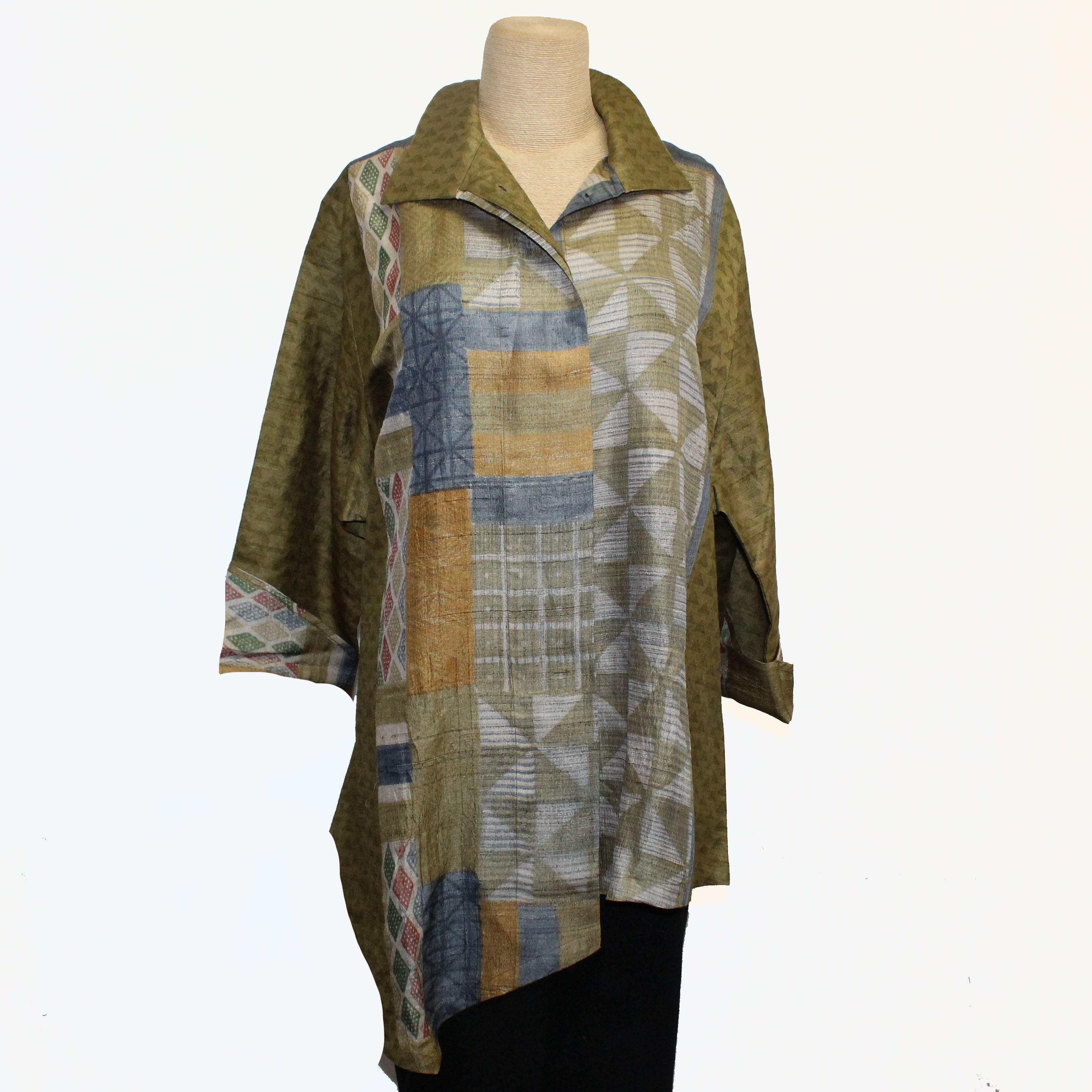 Darshan Shah Shirt/Tunic, Asymmetrical, Olive/Blue/Gold, L