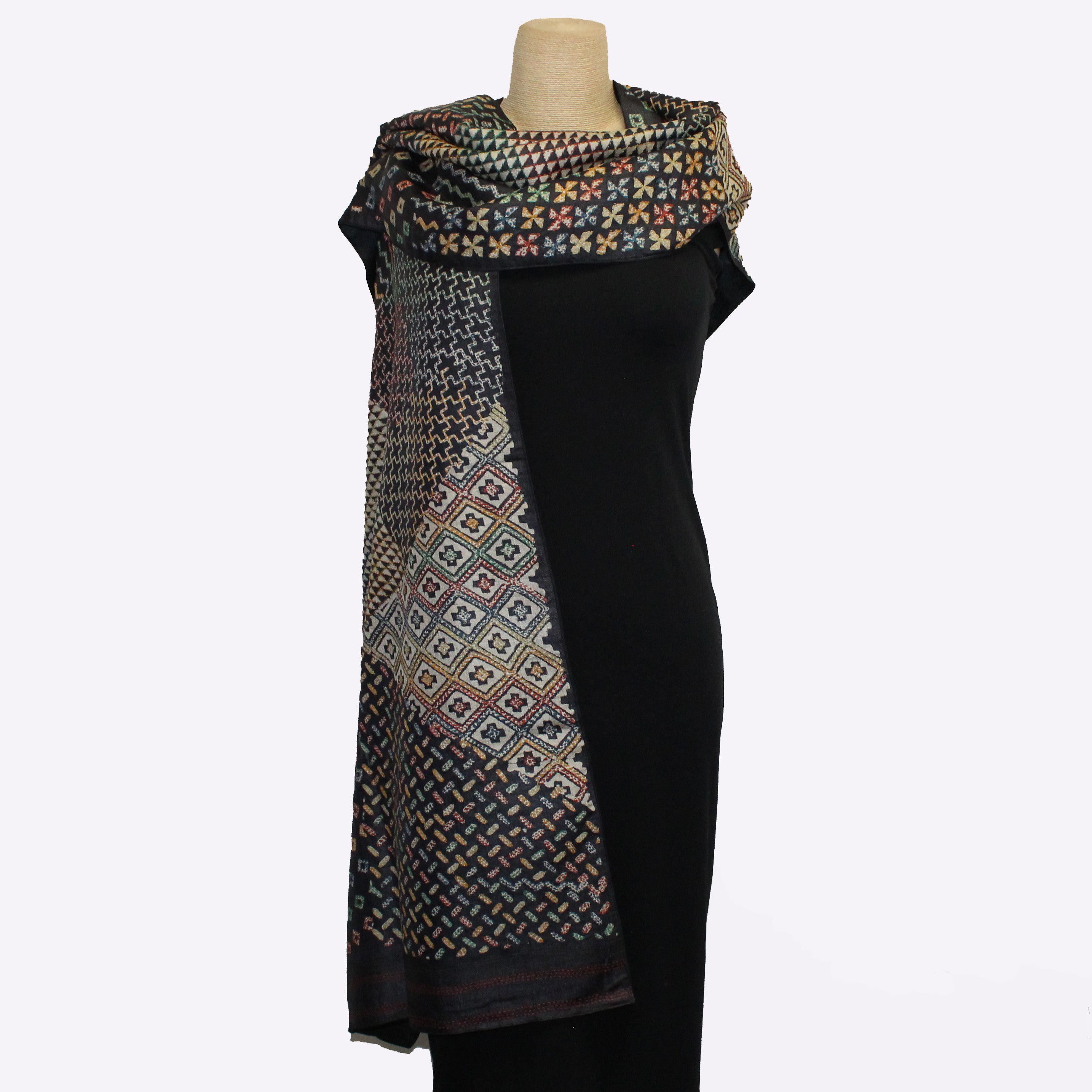Darshan Shah Shawl, Kantha, Black/Multi-Color