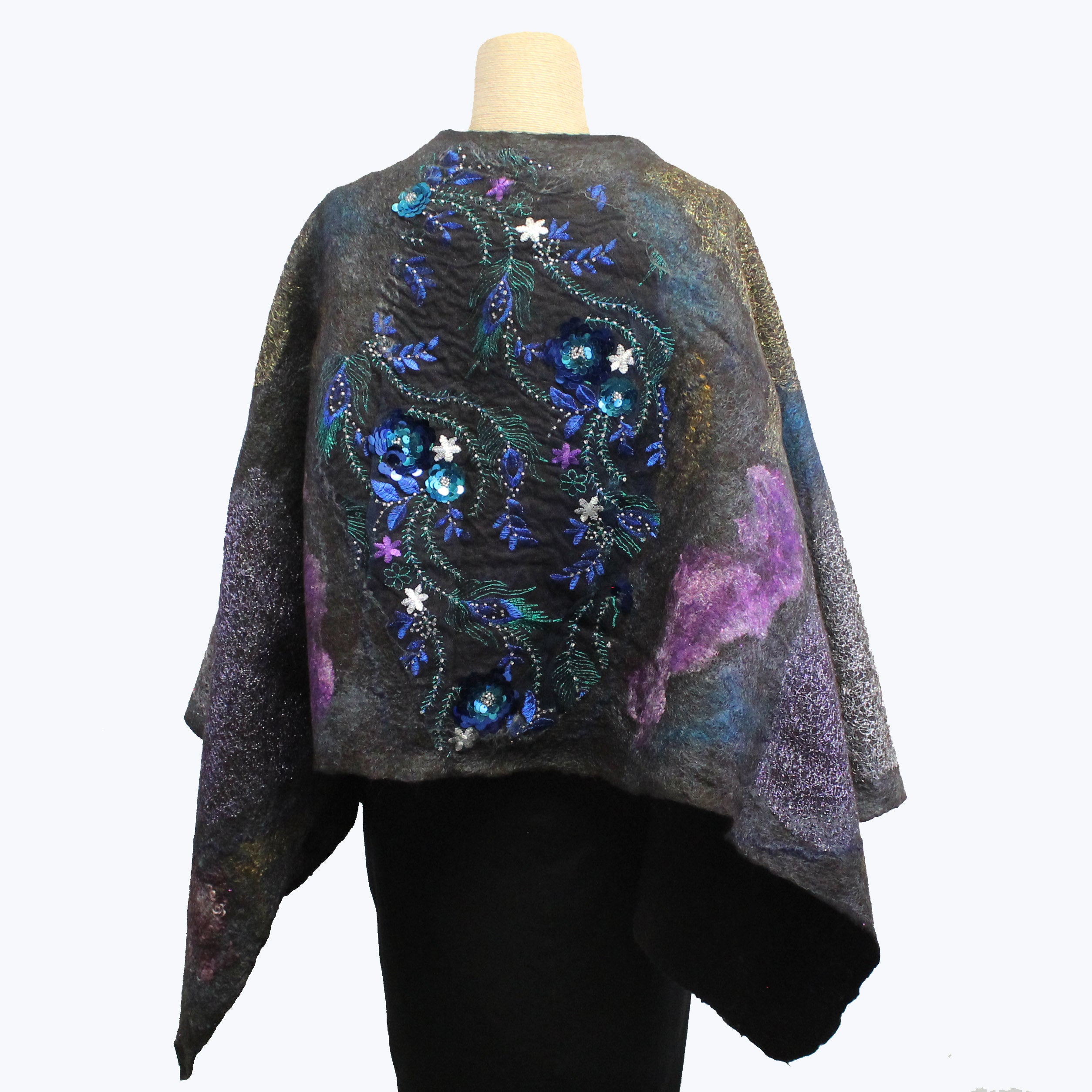 Enchanted Fibers Shawl, Black/Blue/Magenta/Silver/Gold, OS