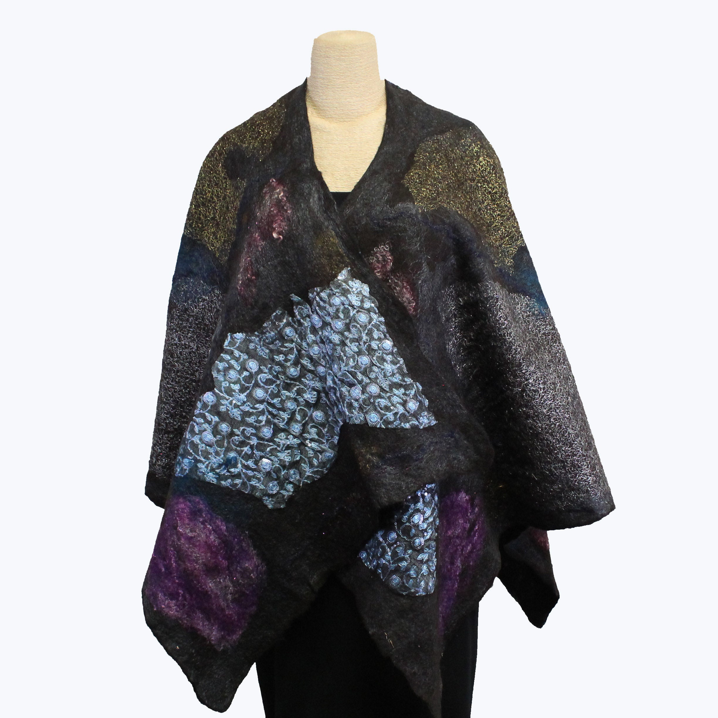 Enchanted Fibers Shawl, Black/Blue/Magenta/Silver/Gold, OS