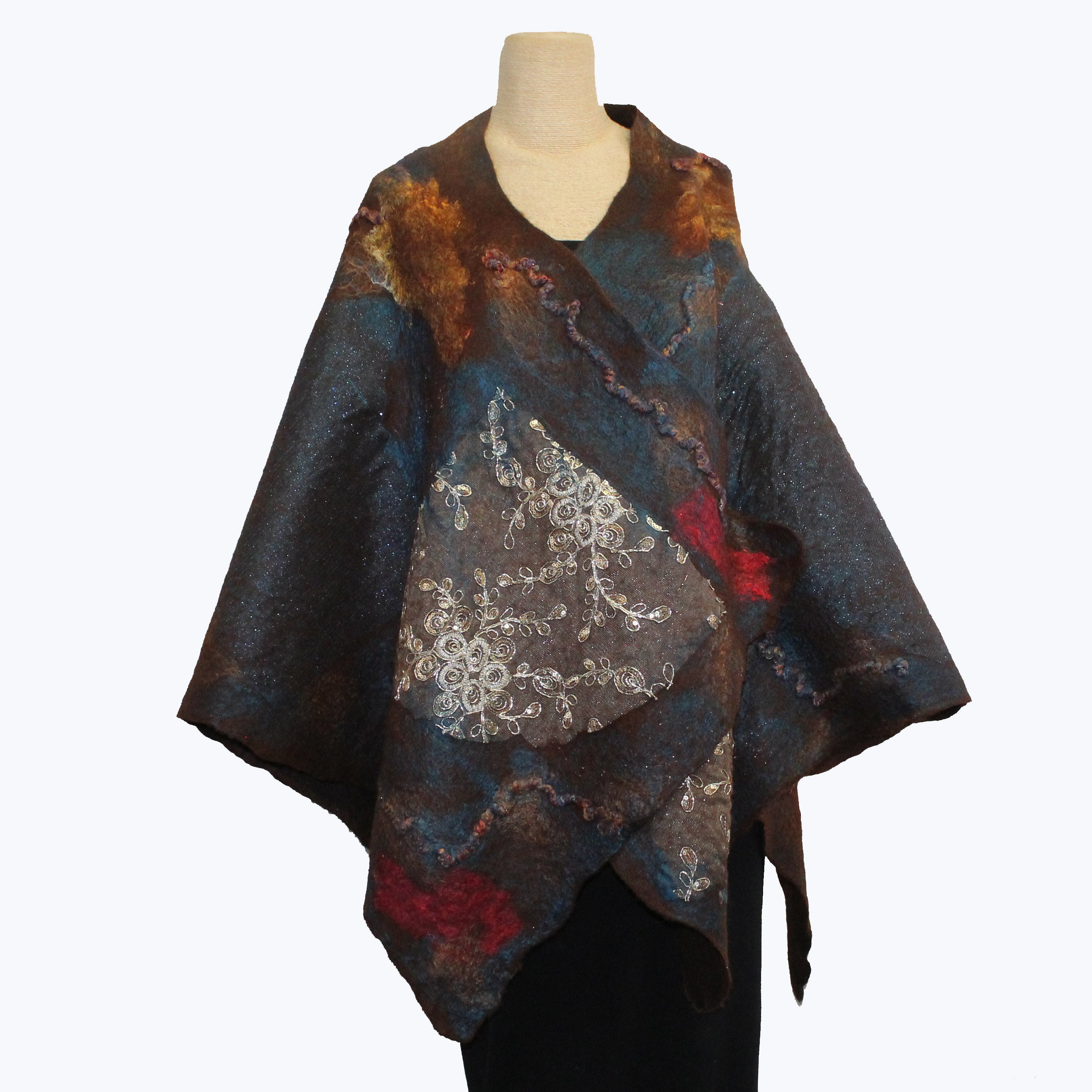 Enchanted Fibers Shawl, Brown/Gold/Turquoise/Red, OS