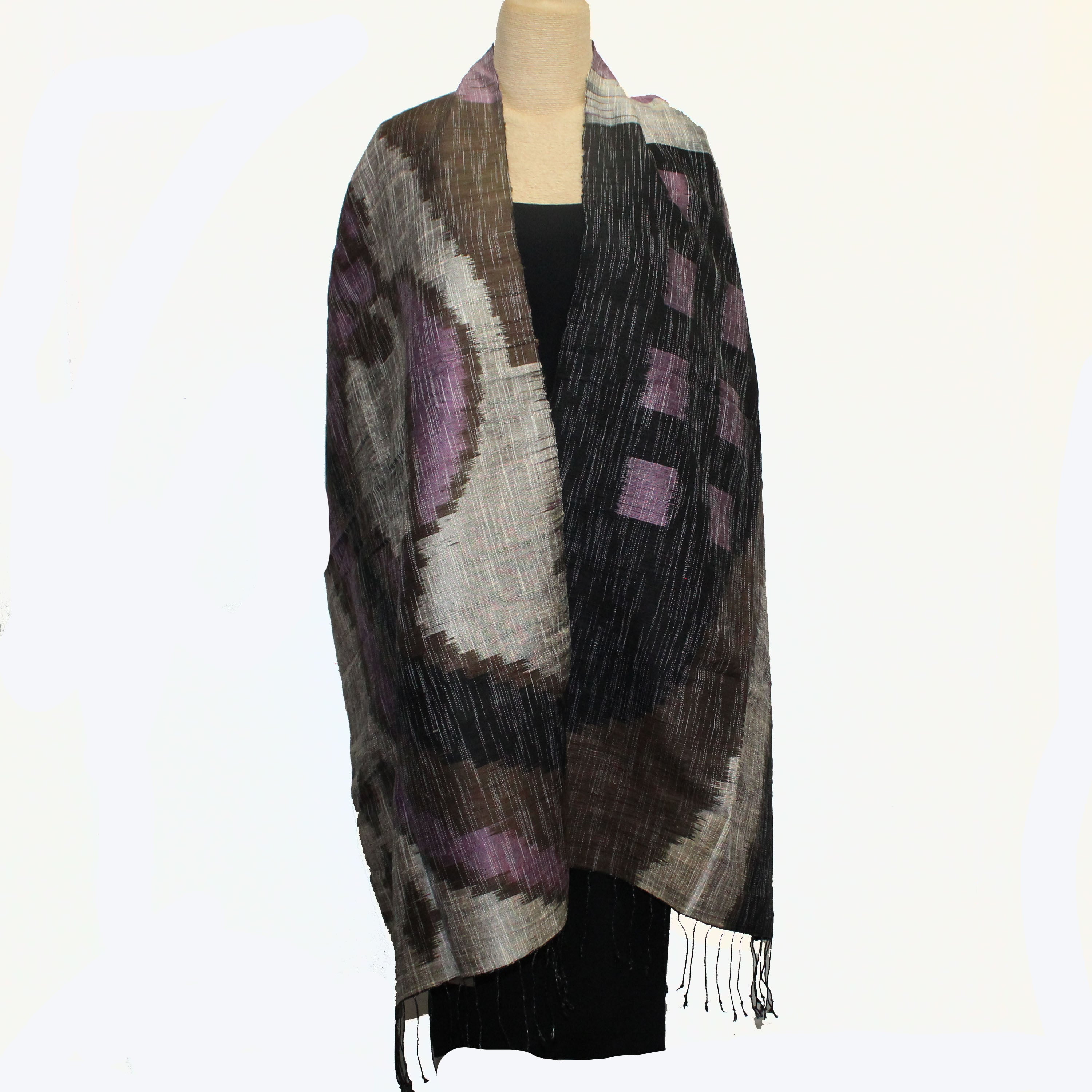 Chabatik Shawl, Double Weave, Ikat Silk, Lavender/Brown/Black/Tan