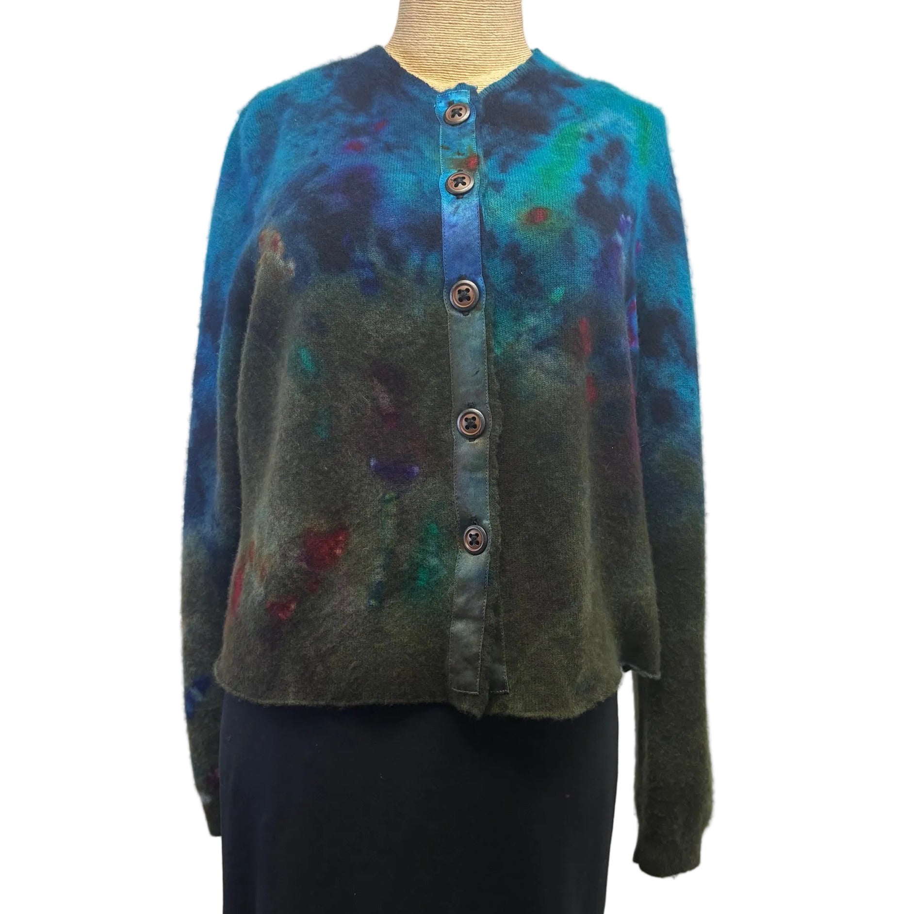 Galadriel Mattei Cardigan, Crewneck, Turquoise/Olive/Multi Blossoms, S