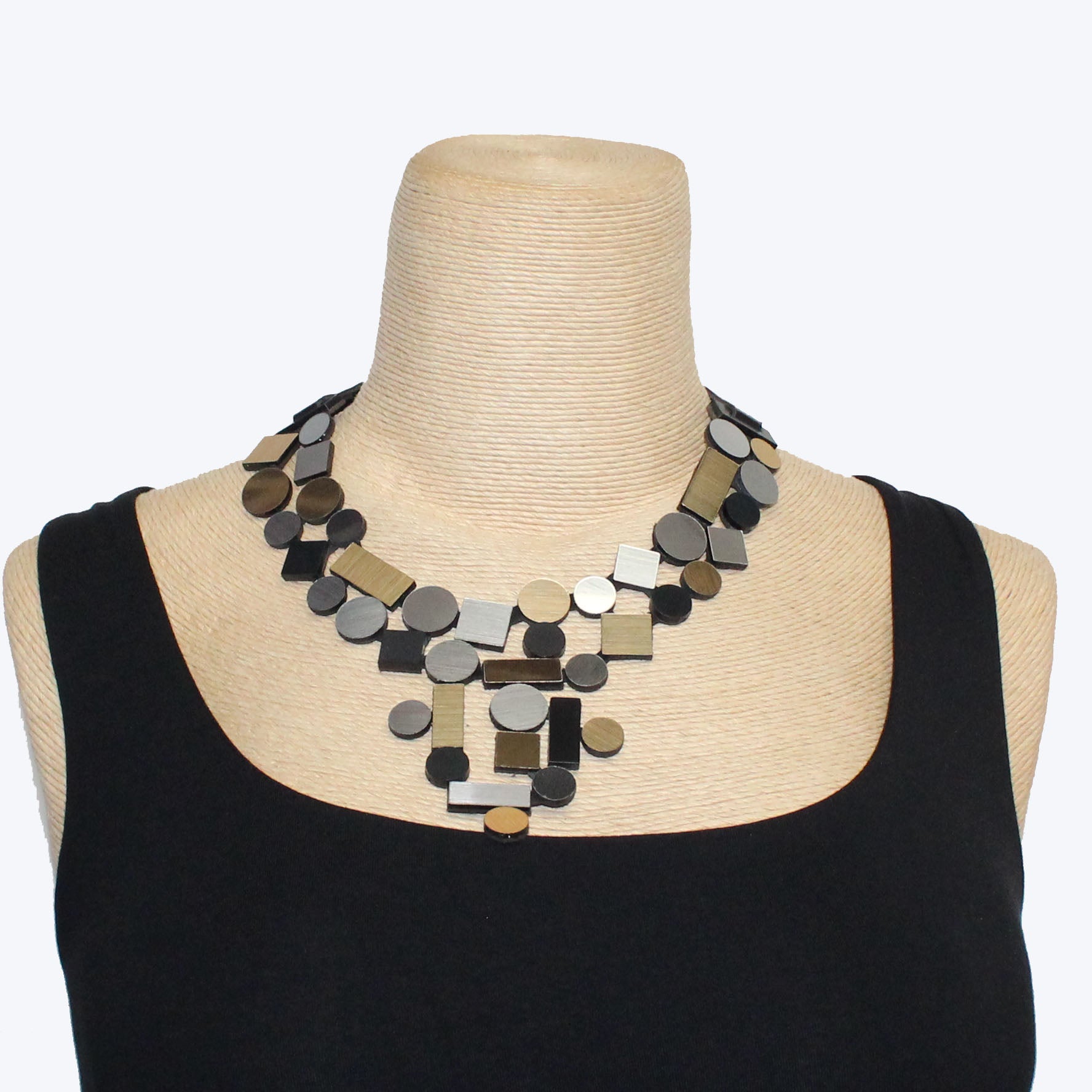 Iskin Sisters Necklace, Bauhaus, Double Geometric, Silver/Jewel Tones