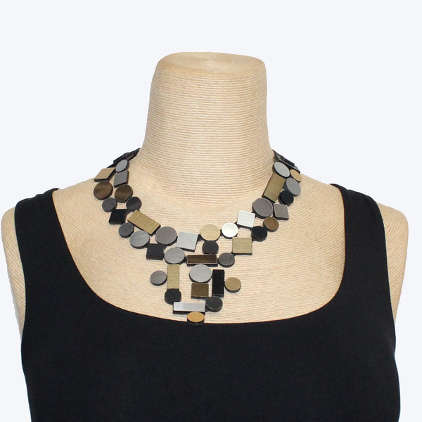 Iskin Sisters Necklace, Bauhaus, Double Geometric, Silver/Jewel Tones