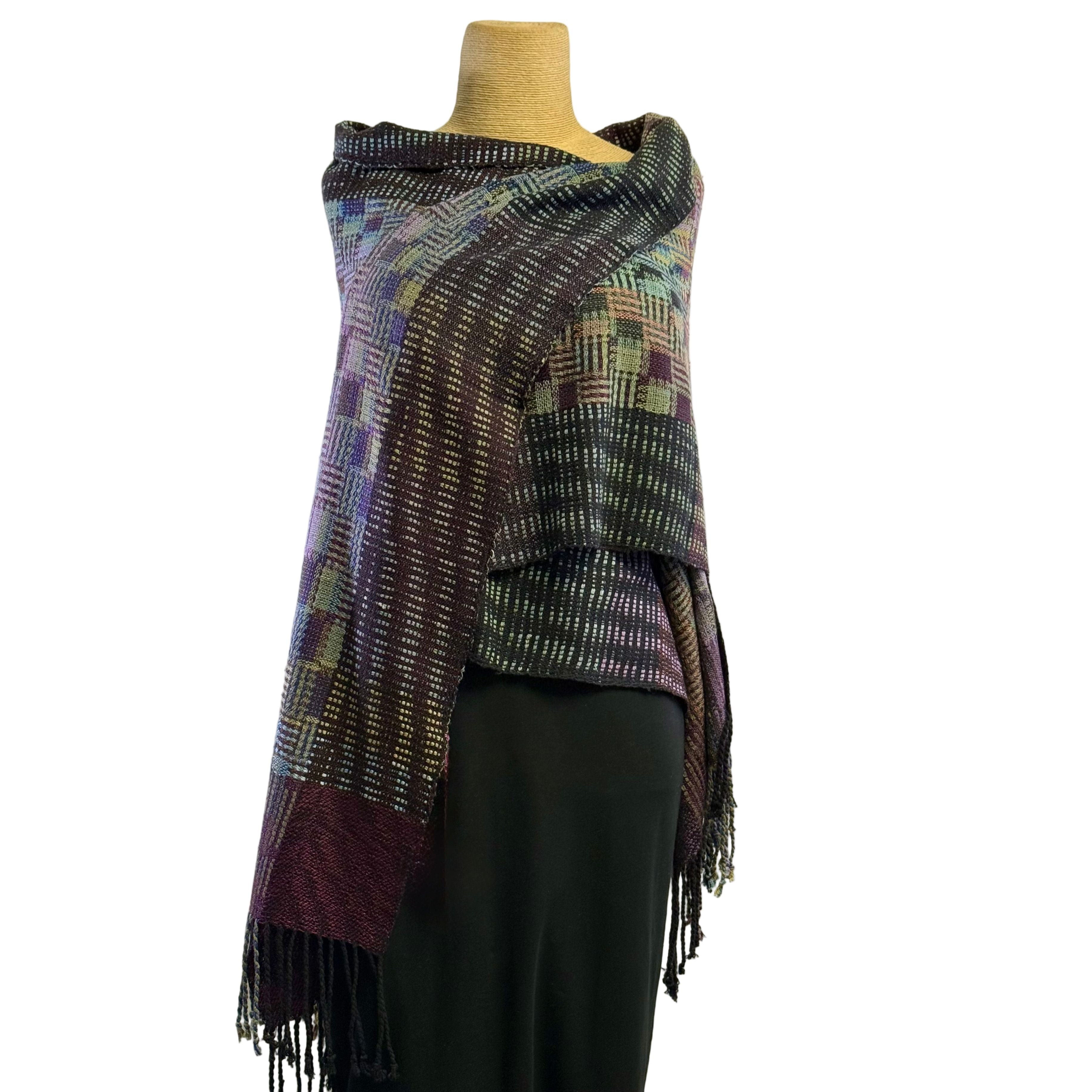 Muffy Young Shawl, Squares & Bars, Wine/Multi Soft Colors