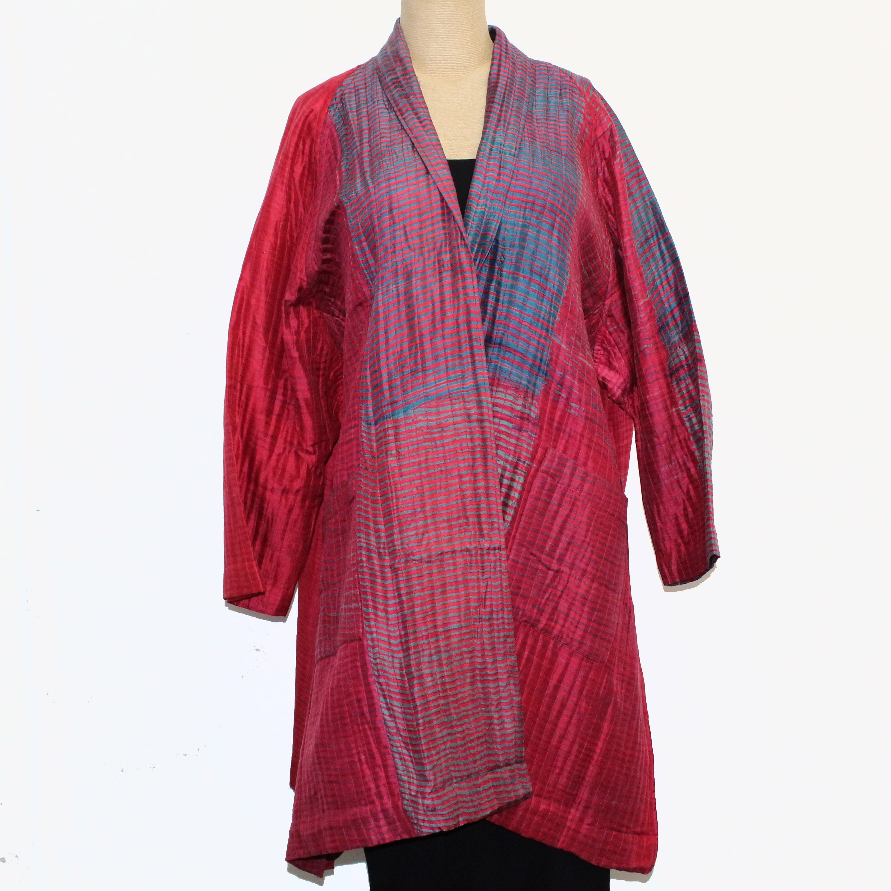 Neeru Kumar Long Jacket, Shibori Silk, Red/Blue L/XL