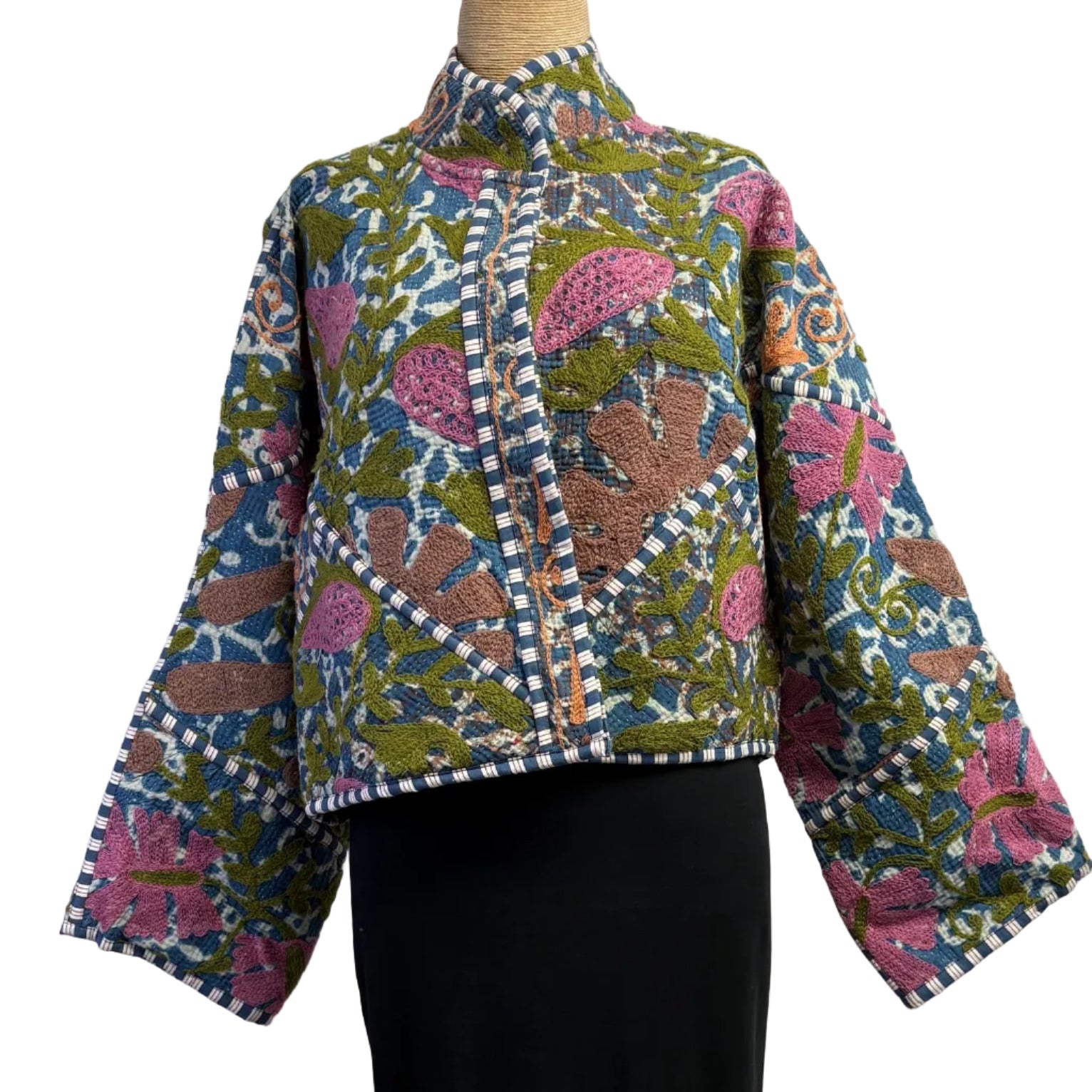 Gia Andre Kantha Jacket, Reversible, Embroidered, Blue/Green/Fuchsia, M/L
