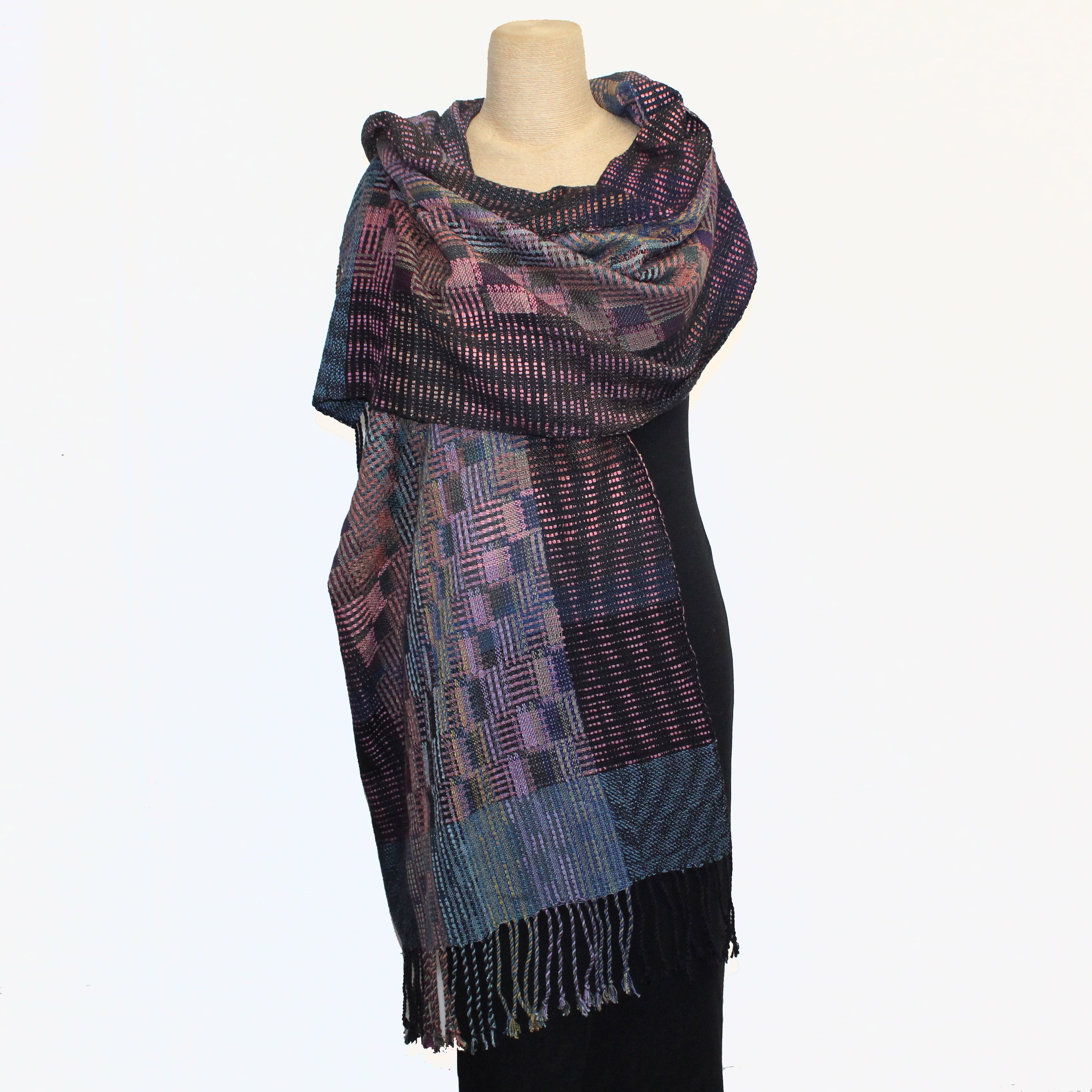 Muffy Young Shawl, Squares & Bars, Teal/ Multi Soft Colors