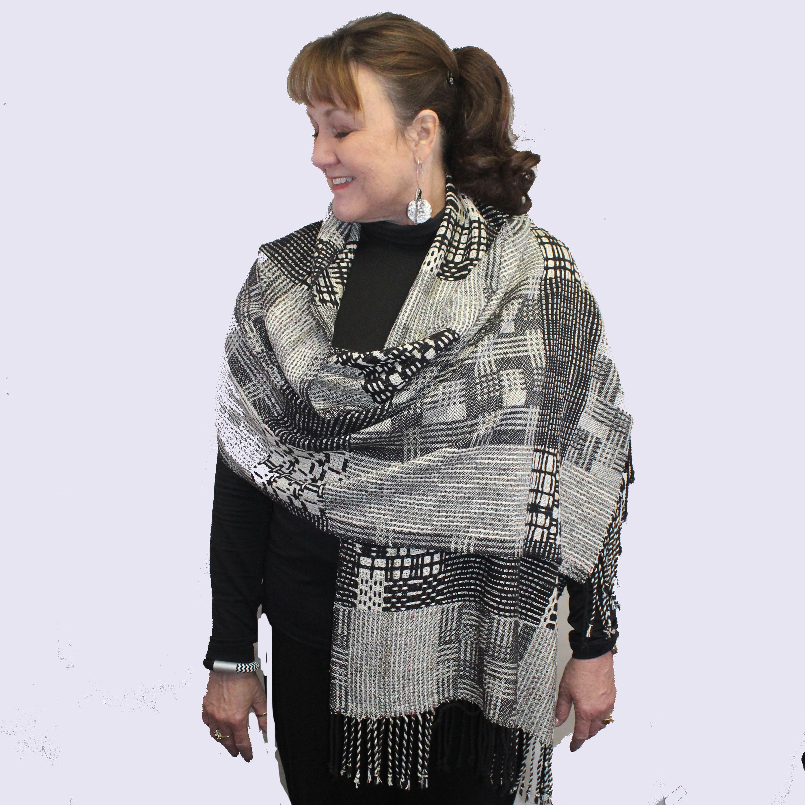 Muffy Young Shawl, Blocks and Damask, Black/White