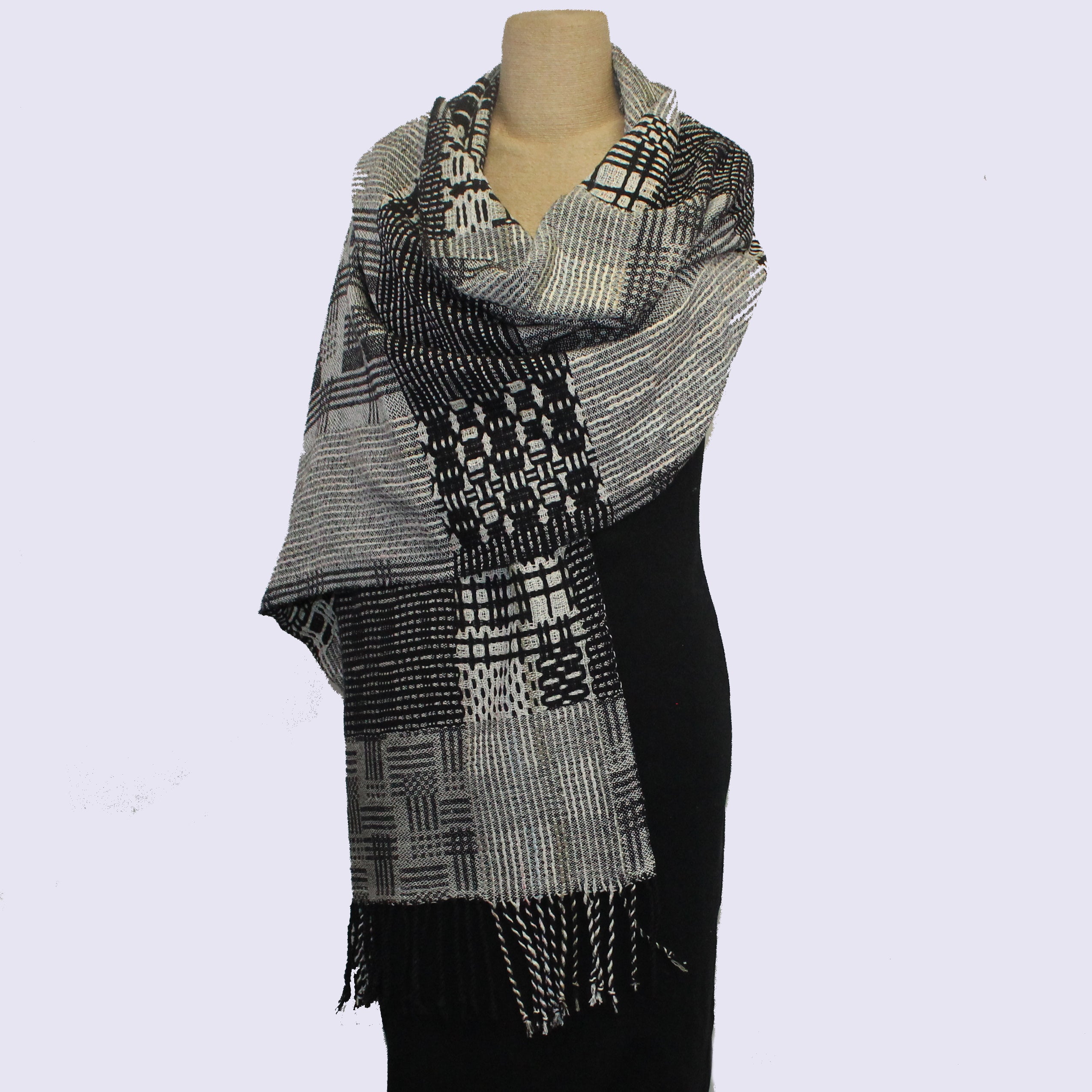 Muffy Young Shawl, Blocks and Damask, Black/White