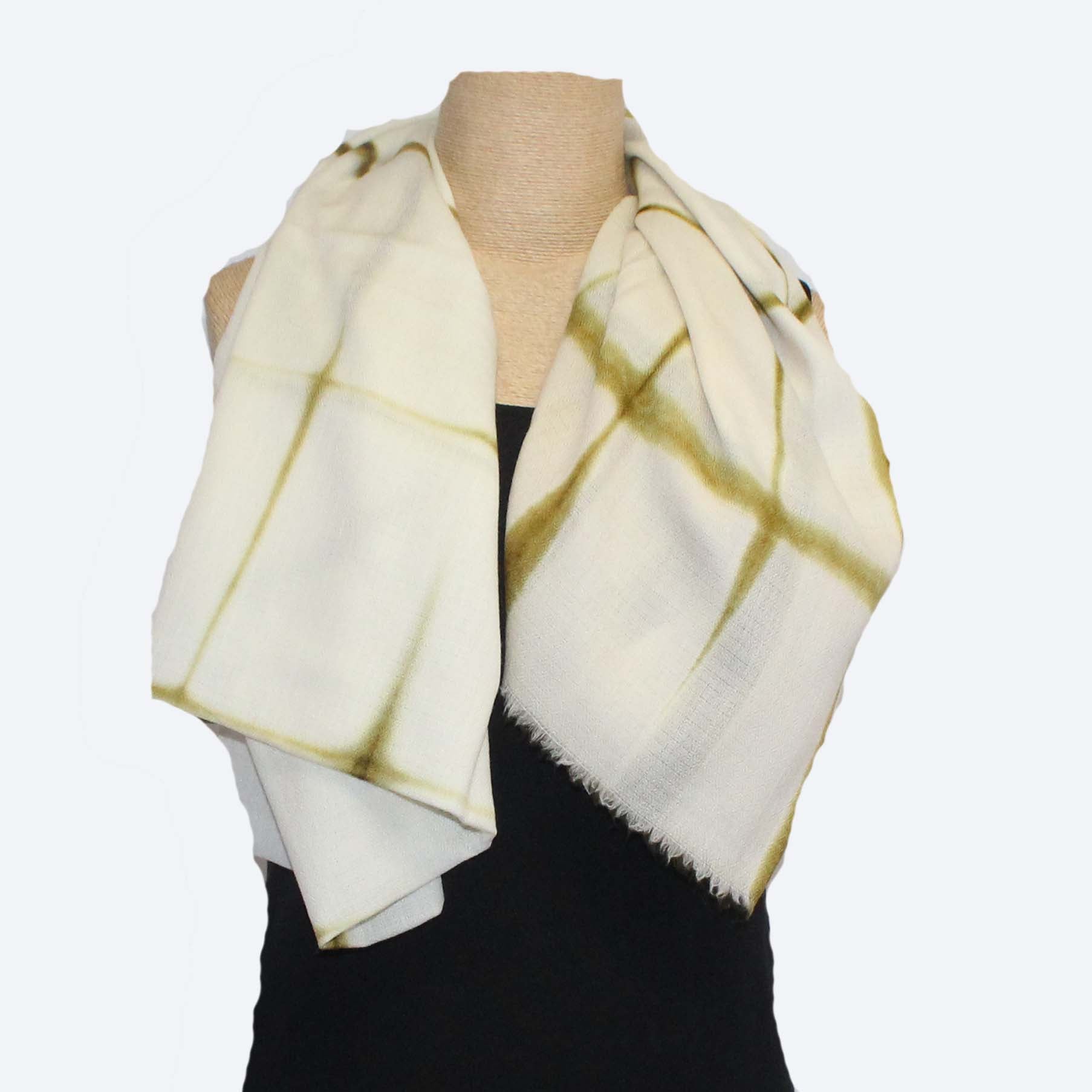 Nan Leaman Shawl, Itajime Shibori, Olive/White
