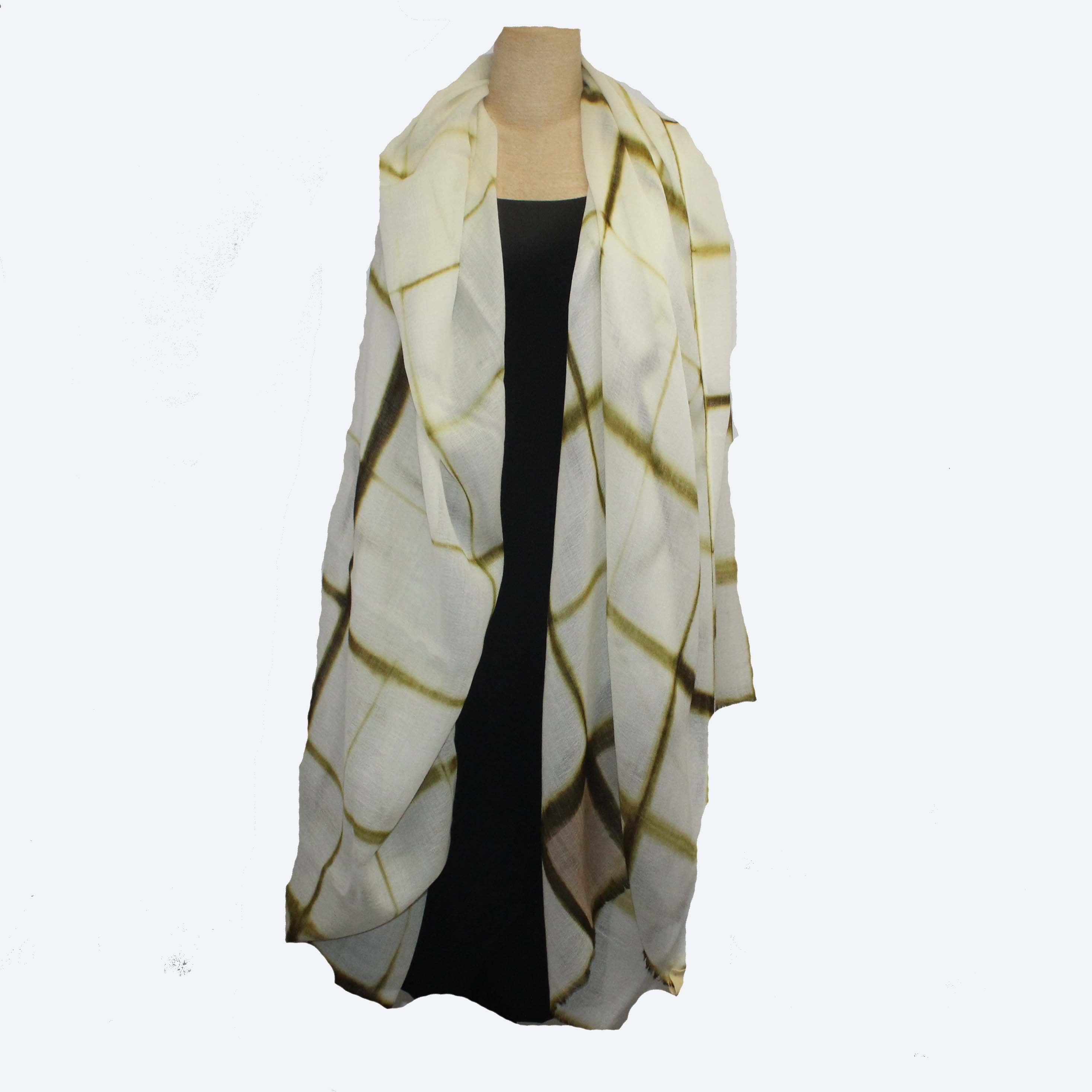Nan Leaman Shawl, Itajime Shibori, White/Olive