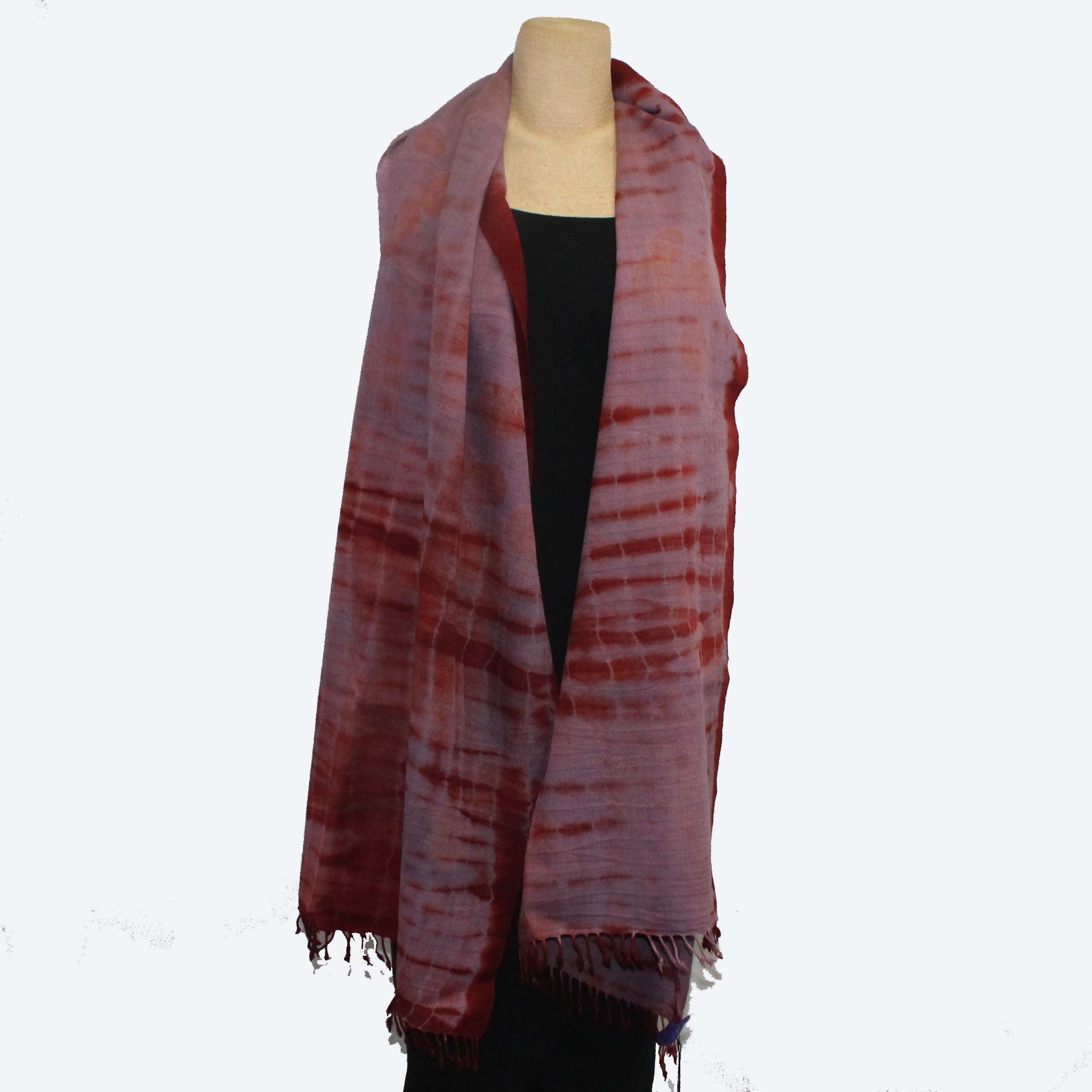 Nan Leaman Shawl, Botanical Printed, Purple/Rust/Burgundy With Fringe