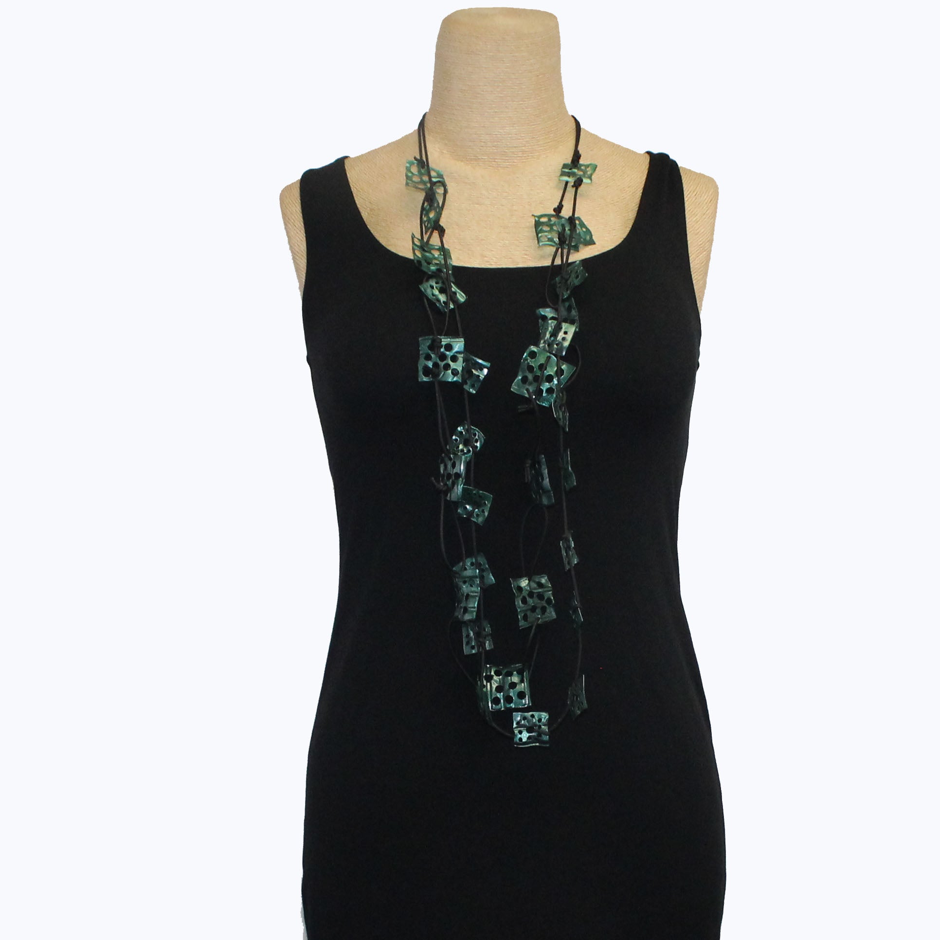 Jianhui London Necklace, Squares, Lotus Roots, Peacock Blue