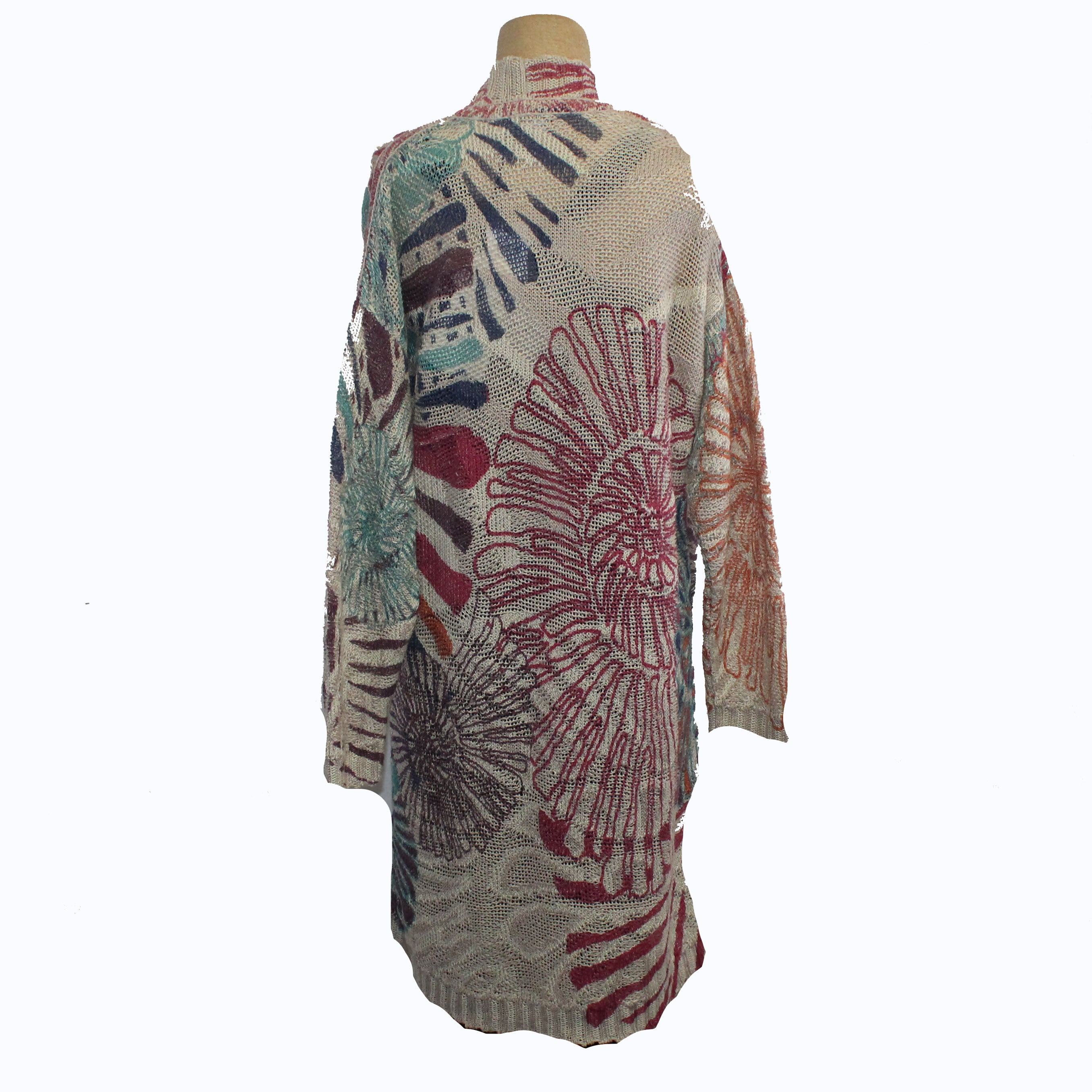 IVKO Coatigan, Sea Shell Motif, Tan/Turquoise/Raspberry/Purple/Orange M/L