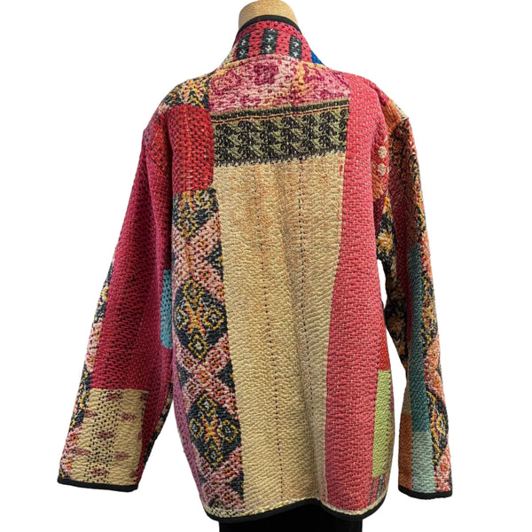 Woman To Women Kantha Jacket, Reversible, Red/Salmon/Pink/Yellow, L
