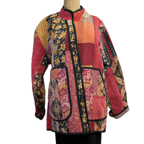 Woman To Women Kantha Jacket, Reversible, Red/Salmon/Pink/Yellow, L