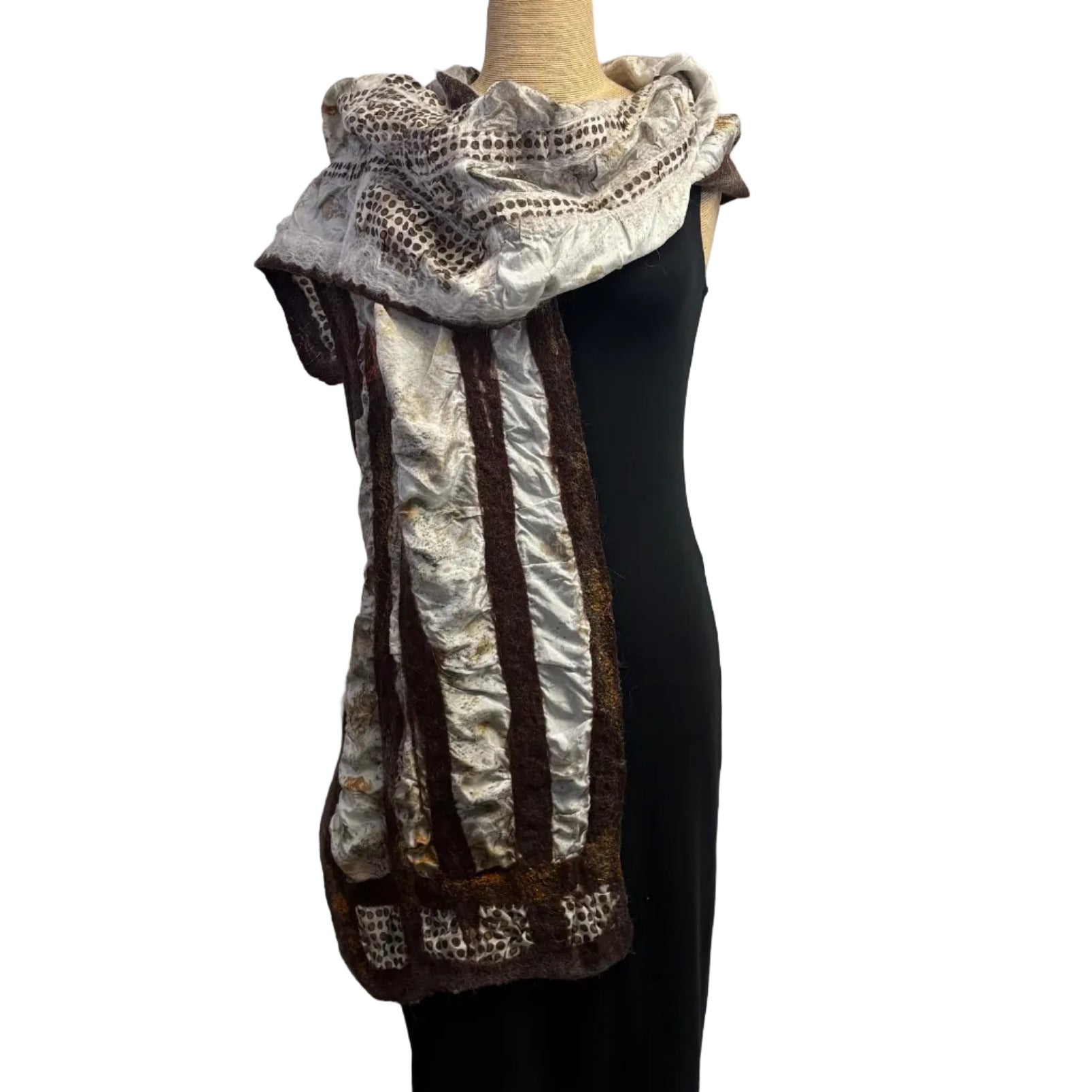 Lyndy Runyon Shawl, Felted, Dirty Pot Silk & Vintage Silk, Brown/White