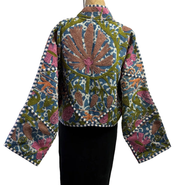 Woman To Women Kantha Jacket, Reversible, Embroidered, Blue/Green/Fuchsia, M/L