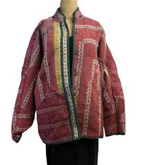 NAMAI Kantha Jacket, Reversible, Ladhiya Patchwork, Tan/Green/Red, M/L