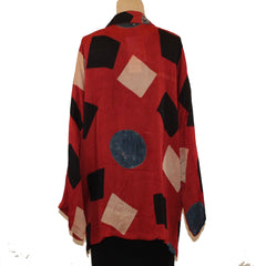 Sudarshan Kimono, Hand-Block Printed Squares, Red/Black/Blue/Beige, M