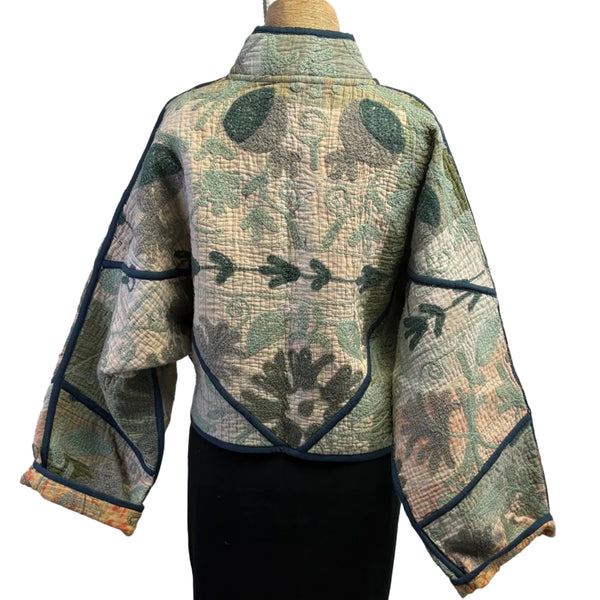 Woman To Women Kantha Jacket, Reversible, Embroidered, Greens/Ecru, M/L