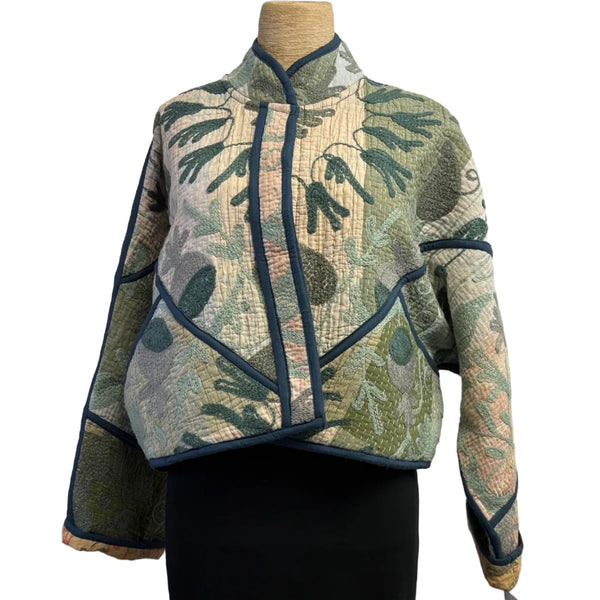 Woman To Women Kantha Jacket, Reversible, Embroidered, Greens/Ecru, M/L