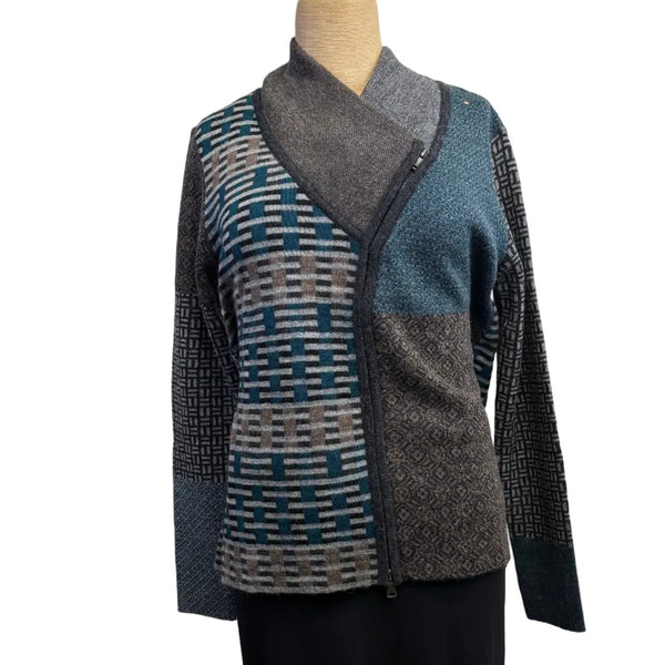 Beyond Threads Cardigan,  Pique Crossover, Dusk, Teal/ Brown/Natural S