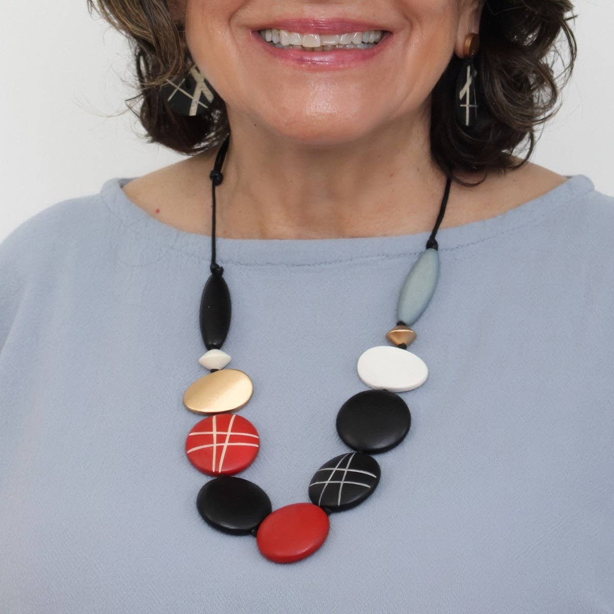 Sylca Designs Necklace, Carla, Black Carved Bead, Black/Red