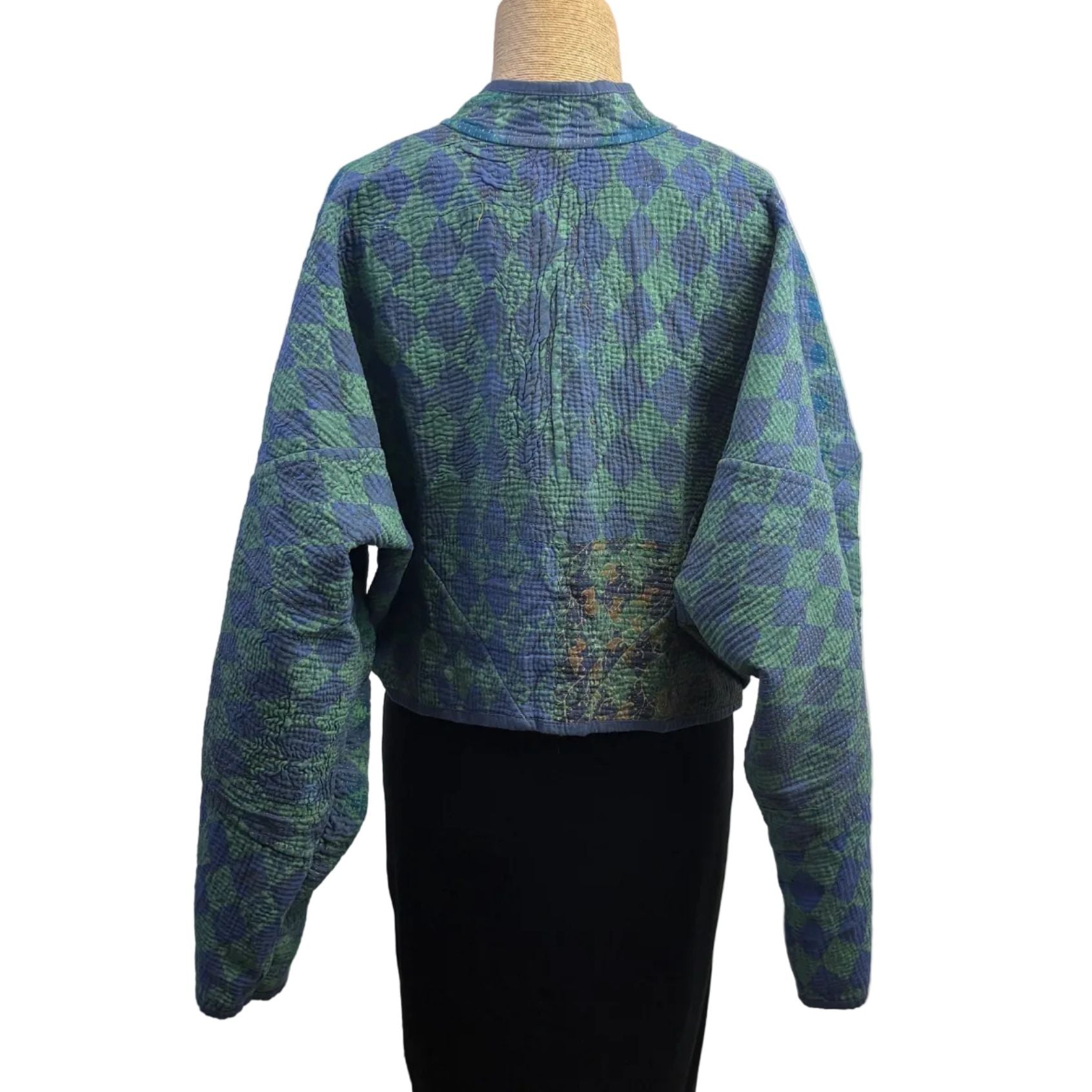 NAMAI Kantha Jacket, Reversible, Kaira Cropped, Blue/Green S/M