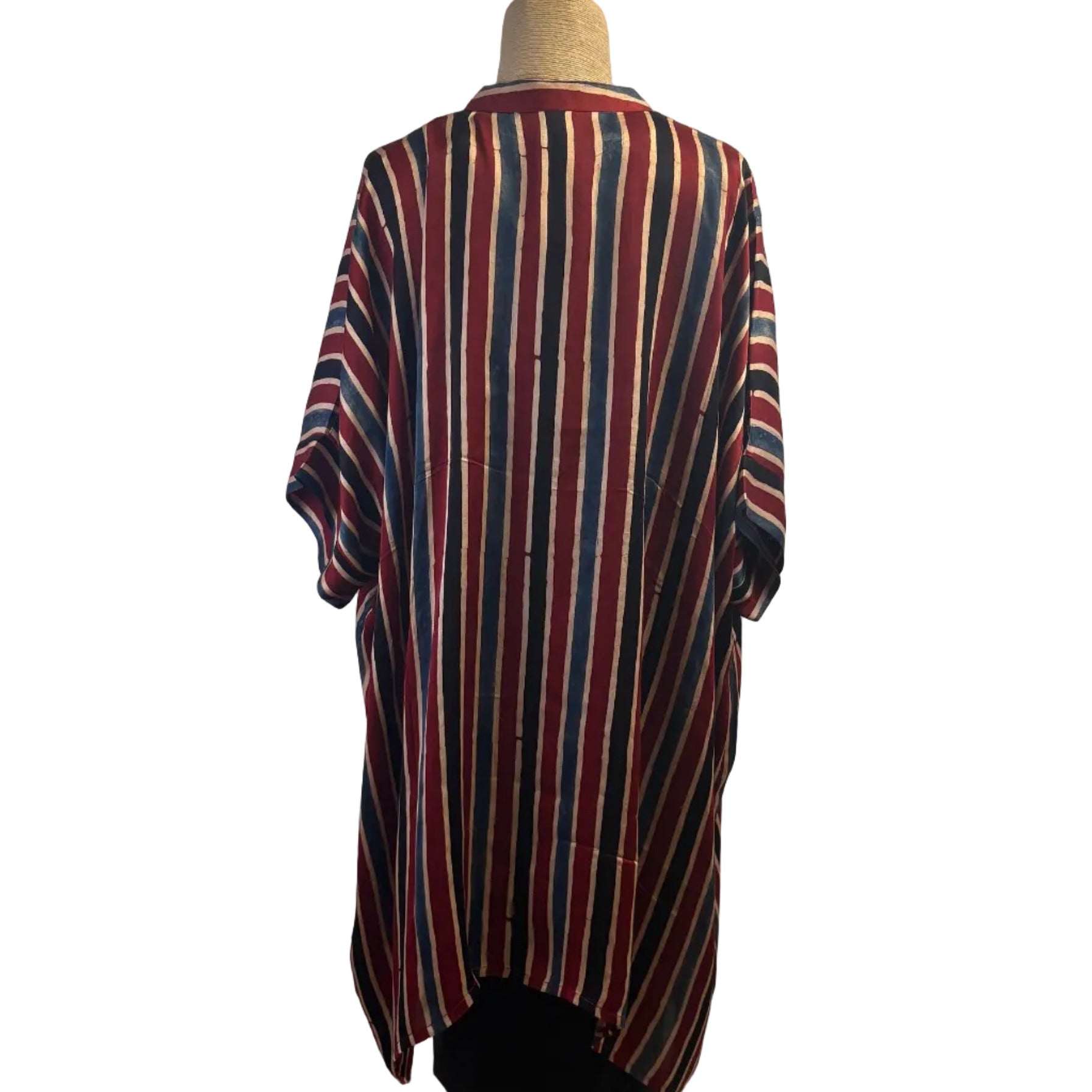 Sudarshan Tunic, Red/Blue/Tan/Black, Stripes, Fits S - XL