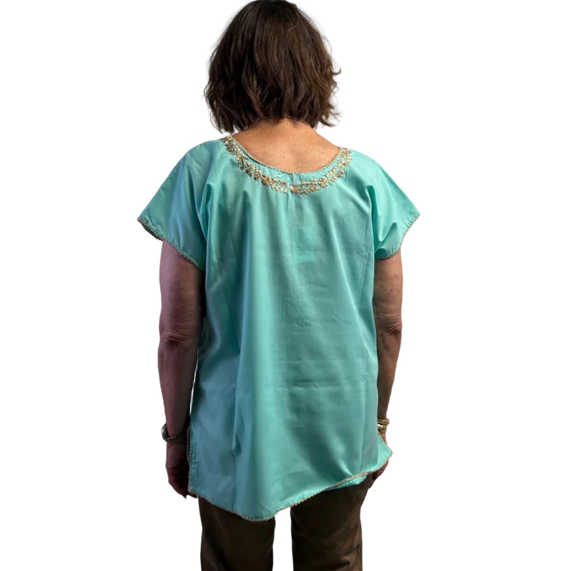 Miriam Campos Top, Embroidered, Aqua/Gold, M/L