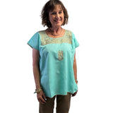 Miriam Campos Top, Embroidered, Aqua/Gold, M/L