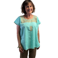 Miriam Campos Top, Embroidered, Aqua/Gold, M/L