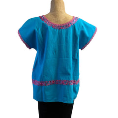 Miriam Campos Top, Embroidered, Drawn Thread Work, Turquoise/Pink, S
