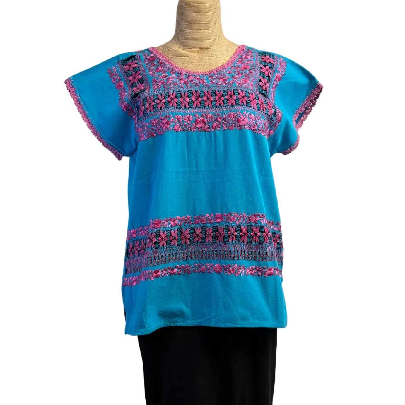 Miriam Campos Top, Embroidered, Drawn Thread Work, Turquoise/Pink, S