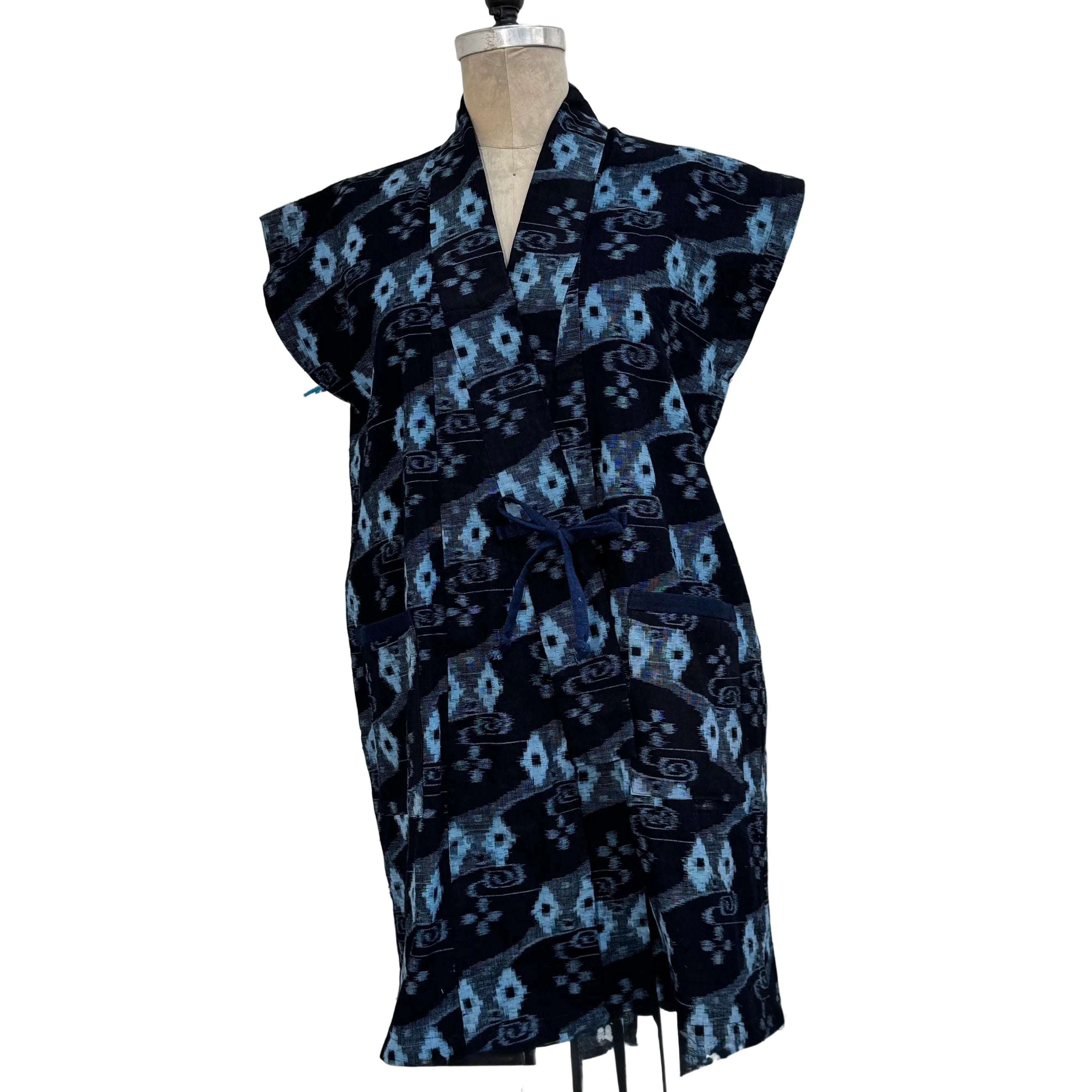 Holly Badgley Kimono Vest, Long, Cotton Ikat, Indigo Turquoise, M/L