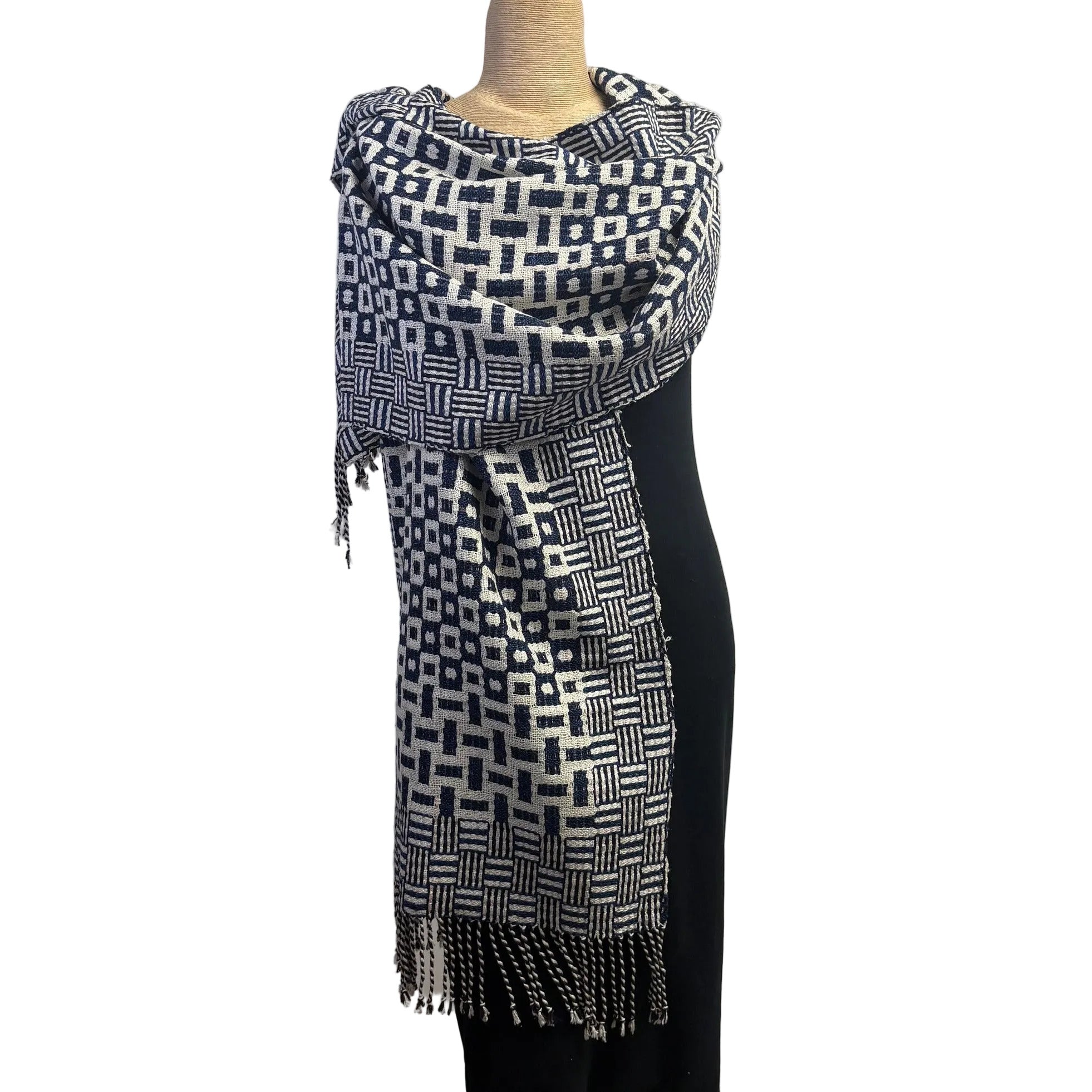 Muffy Young Shawl, Basket Variations, Navy/Ivory
