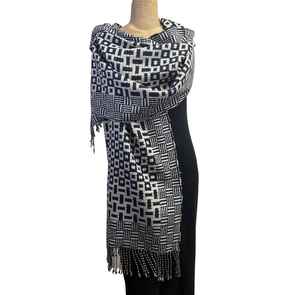 Muffy Young Shawl, Basket Variations, Navy, Black/White