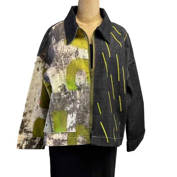 Andrea Geer Denim Jacket, Black/Grey/White/Lime, S/M