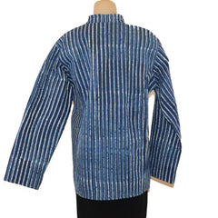 Sudarshan Jacket, Quilted Hand Block Printed Indigo Stripes, Indigo/Blue/White, L