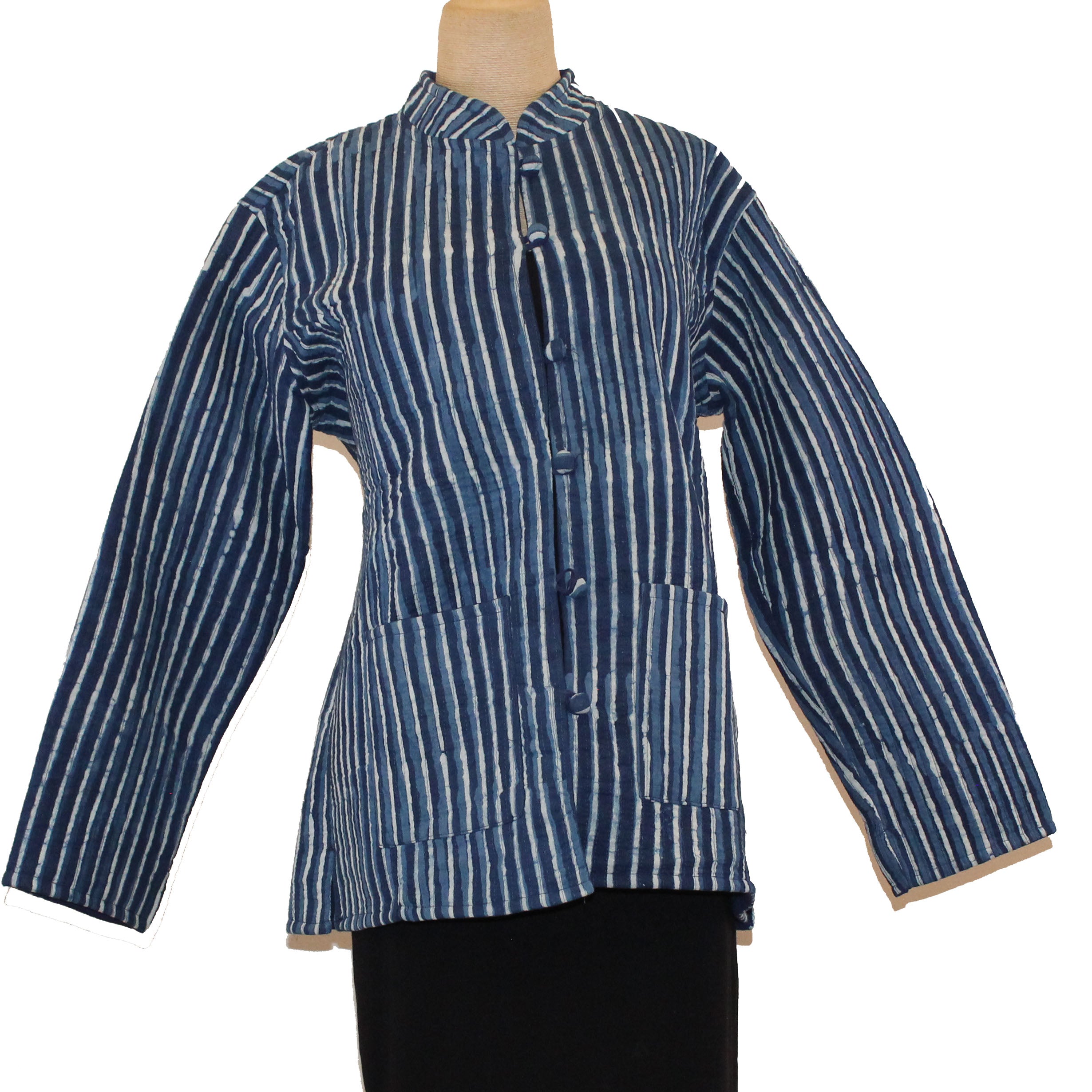 Sudarshan Jacket, Quilted Hand Block Printed Indigo Stripes, Indigo/Blue/White, L