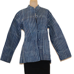 Sudarshan Jacket, Quilted Hand Block Printed Indigo Stripes, Indigo/Blue/White, L