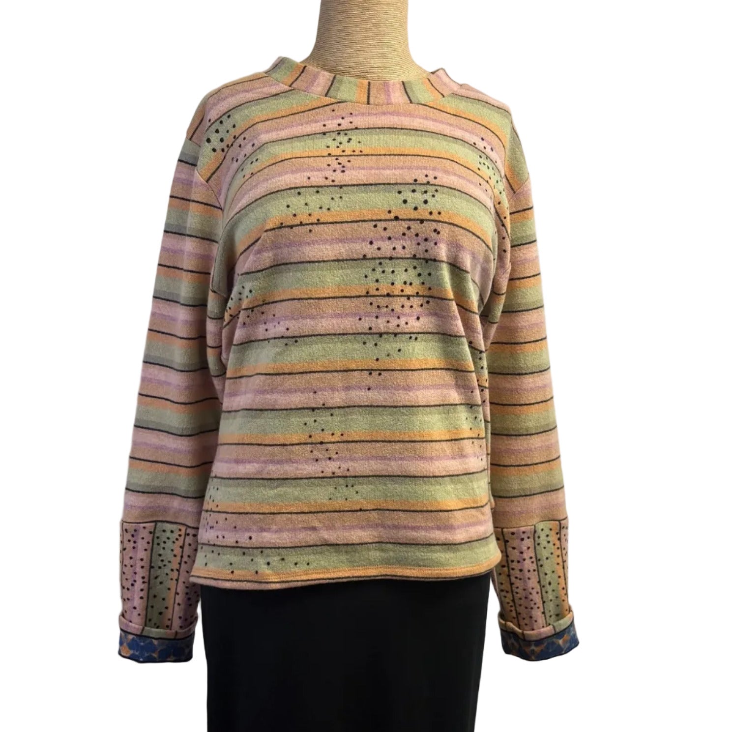 Deborah Cross Pullover, Peach/Green/Lavender/Black Dots & Stripes, S