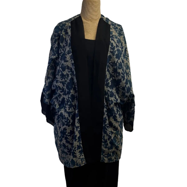 Sudarshan Kimono, Blue/White/Black, Floral, XL