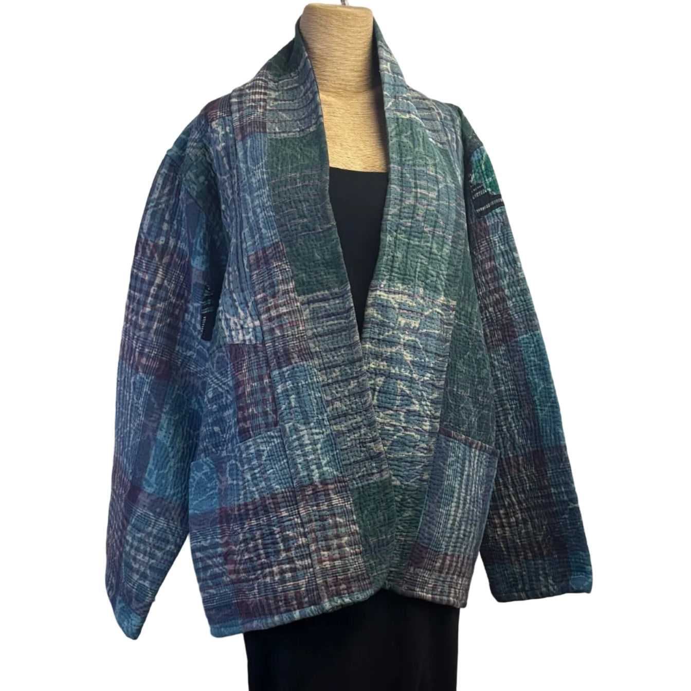 Sudarshan Kantha Jacket, Reversible, Green/Blue/Purple,L/XL