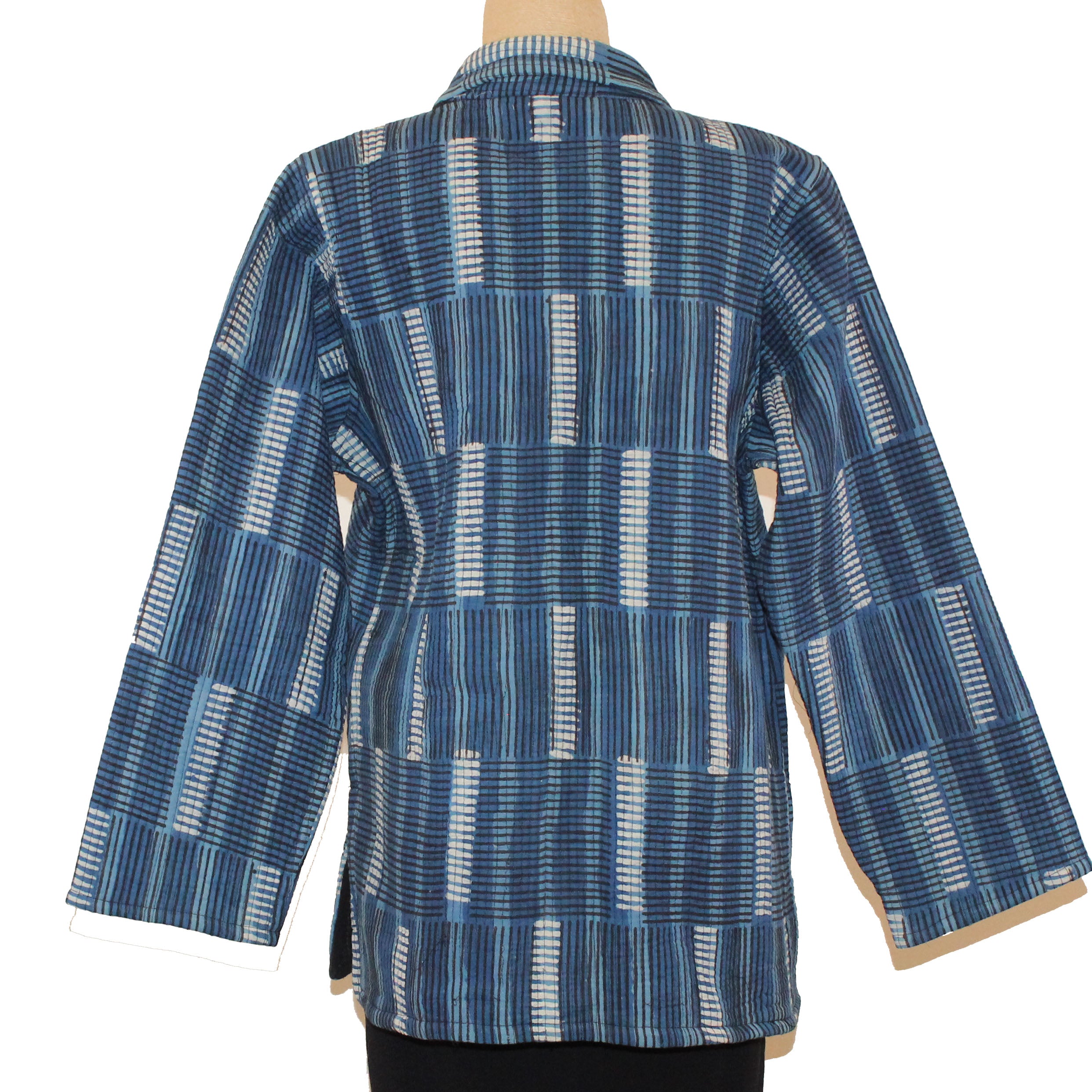 Sudarshan Jacket, Quilted Hand Block Printed Indigo Stripes, Blue/White, S/M