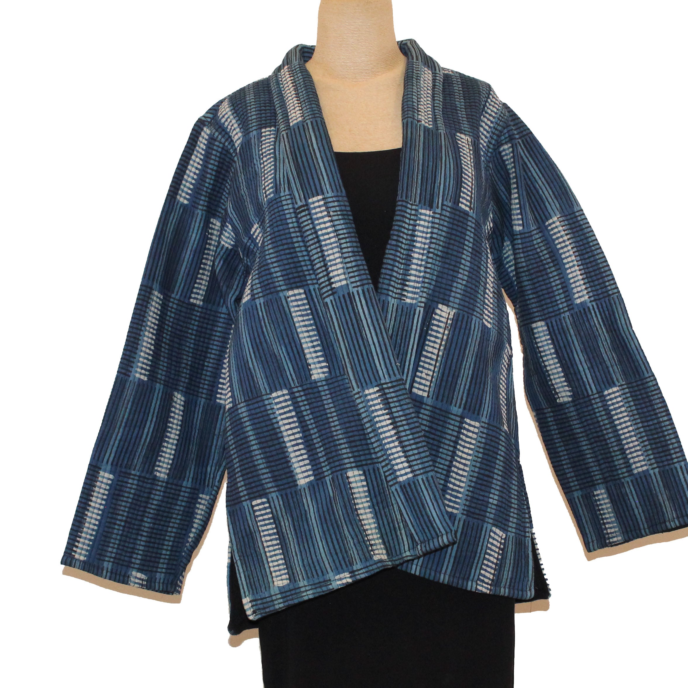 Sudarshan Jacket, Quilted Hand Block Printed Indigo Stripes, Blue/White, S/M