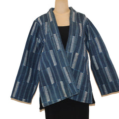 Sudarshan Jacket, Quilted Hand Block Printed Indigo Stripes, Blue/White, S/M